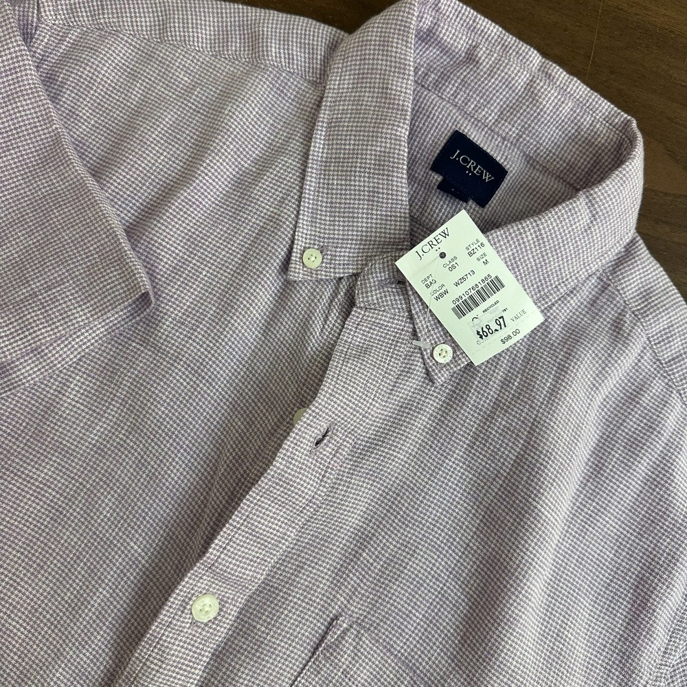 J.Crew Shirt Mens Medium Purple Houndstooth Linen Blend Short Sleeve Button Down - Picture 1 of 12